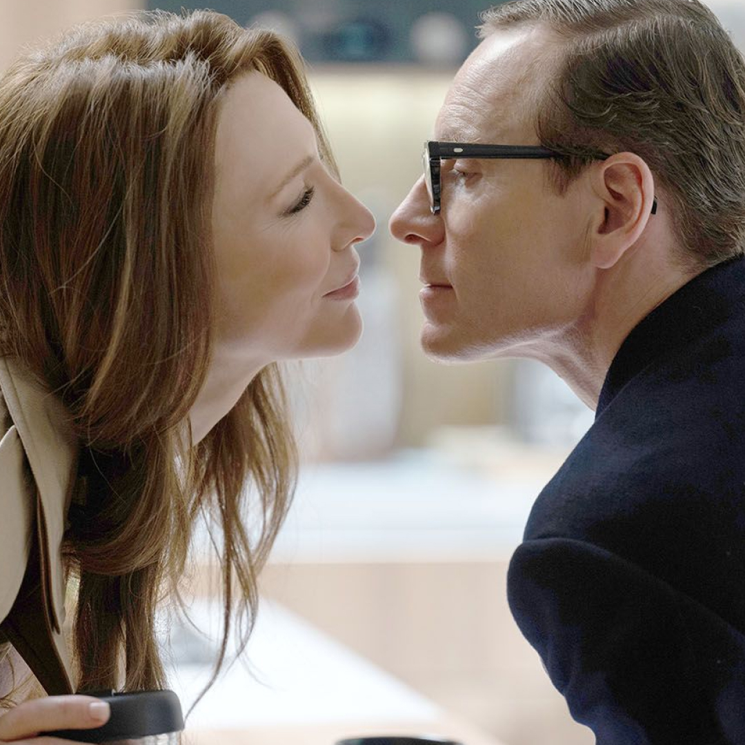 cate blanchett and michael fassbender lean in for a kiss in a still from black bag