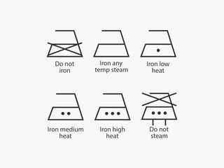 6 black ironing symbols on a white background, including symbols for do not iron, iron on any temperature setting, iron on low heat, iron on medium heat, iron on high heat and do not steam