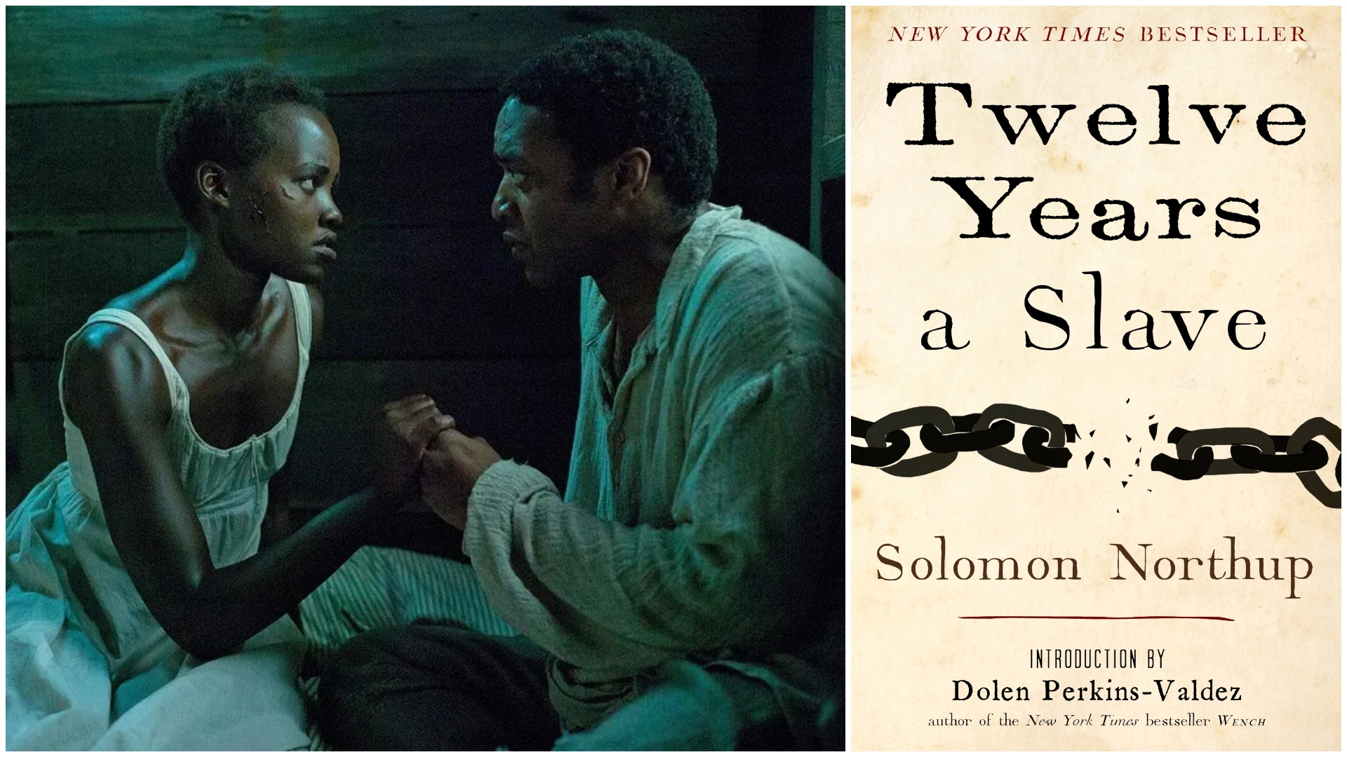 a split image of the movie 12 yaers a slave and the book cover