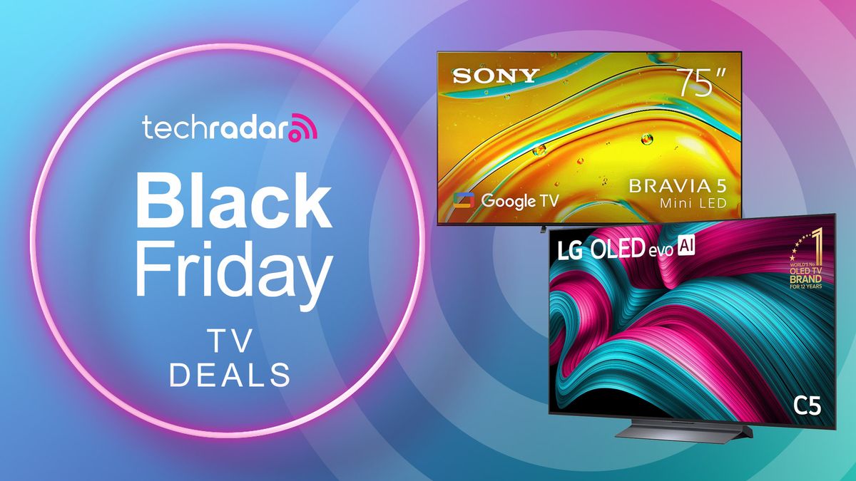 Sony and LG TVs on a blue and pink gradient background with "Black Friday TV Deals" text.