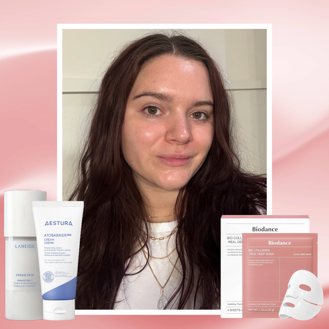 Brooke knappenberger headshot with white border on light pink texture background with BIODANCE Bio-Collagen Real Deep Masks, LANEIGE Cream Skin Toner &amp; Moisturizer, Aestura Atobarrier365 Cream With Ceramides
