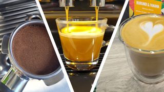 Ground coffee in portafilter, automatic espresso machine dispensing espresso, and caffe latte in glass cup