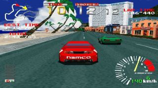 Best PS1 games – Ridge Racer screenshot of a red car racing a green one.