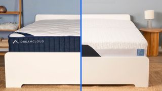 A split screen showing the DreamCloud Classic Hybrid Mattress and the Nectar Classic Mattress side by side. 