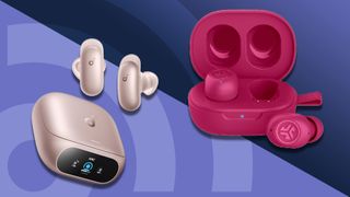 The Anker Soundcore Liberty 5 Pro and JLab JBuds Mini on a violet gradient background.
