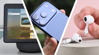 A collage image showing the rumored new Home Hub display, iPhone 18 Pro and AirPods 4 
