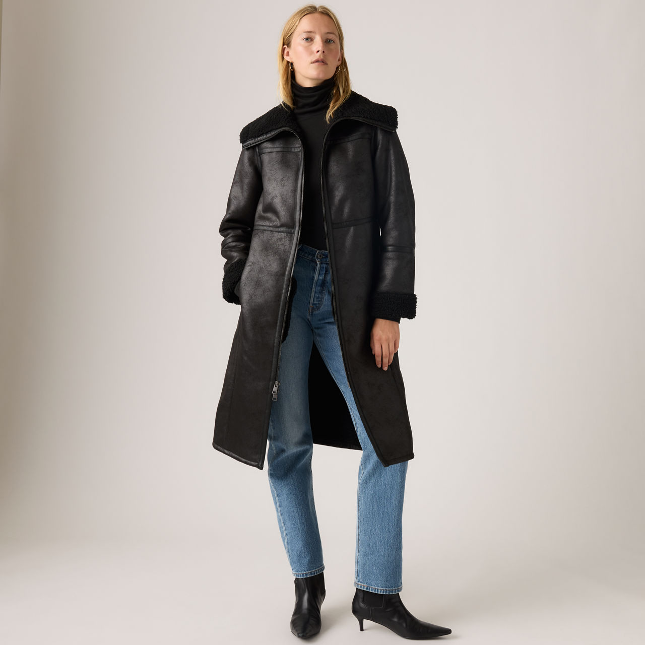 Faux Shearling Funnel Coat