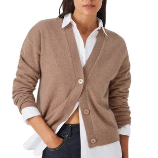 Model wearing John Lewis cashmere V Neck cardigan