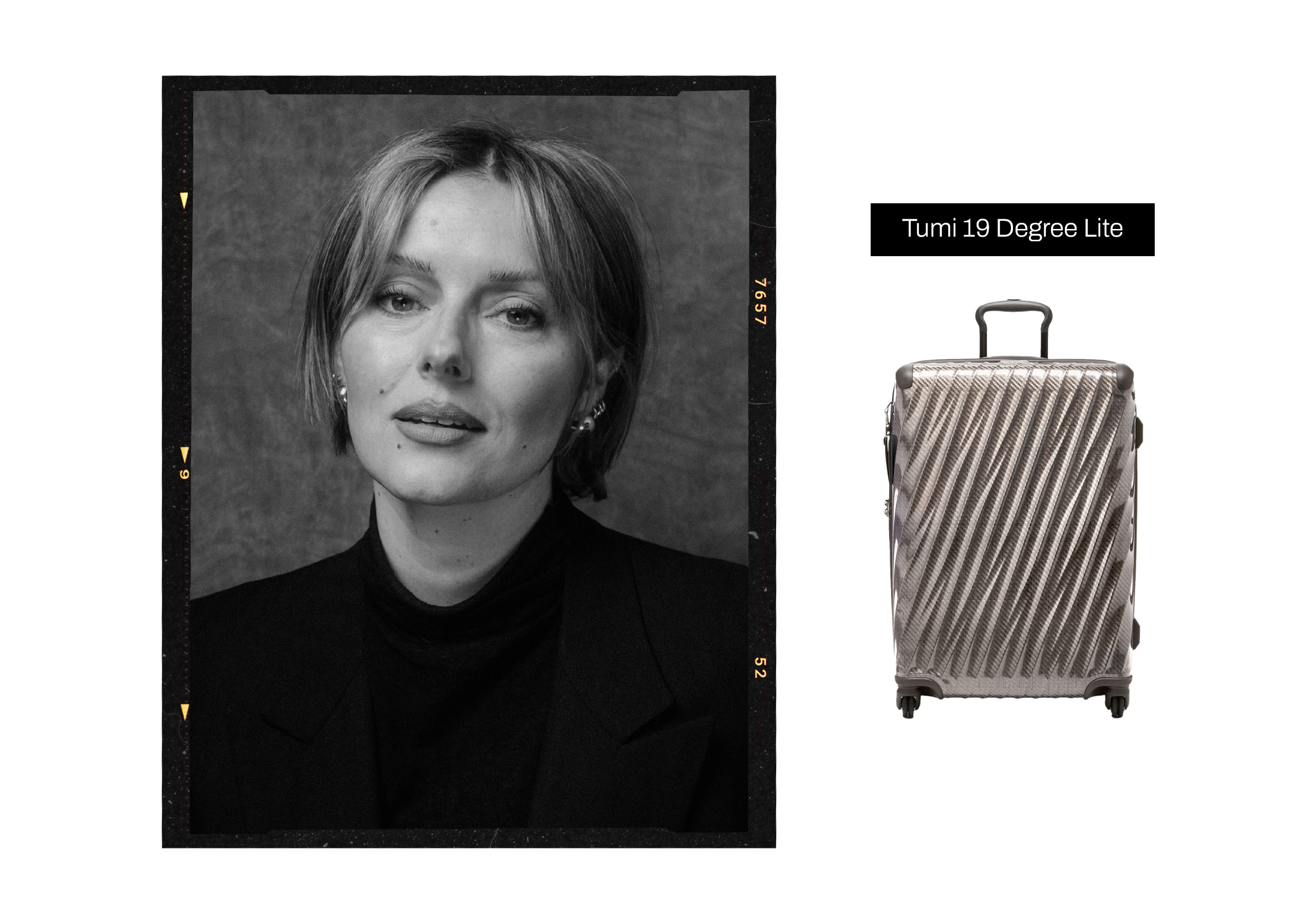 Headshot of Katie Jane Hughes within a black film frame next to a product image of a work bag