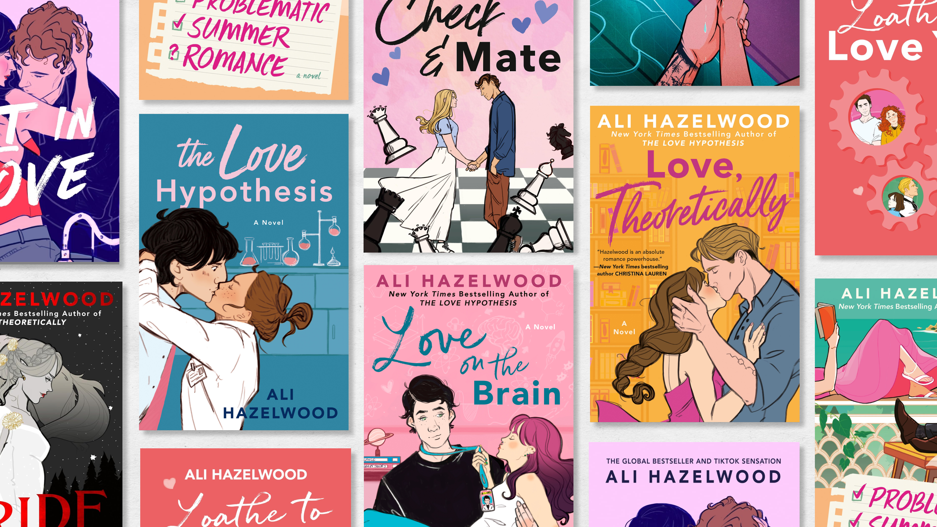 a collage of the best ali hazelwood romance novel book covers including love theoretically the love hypothesis and others