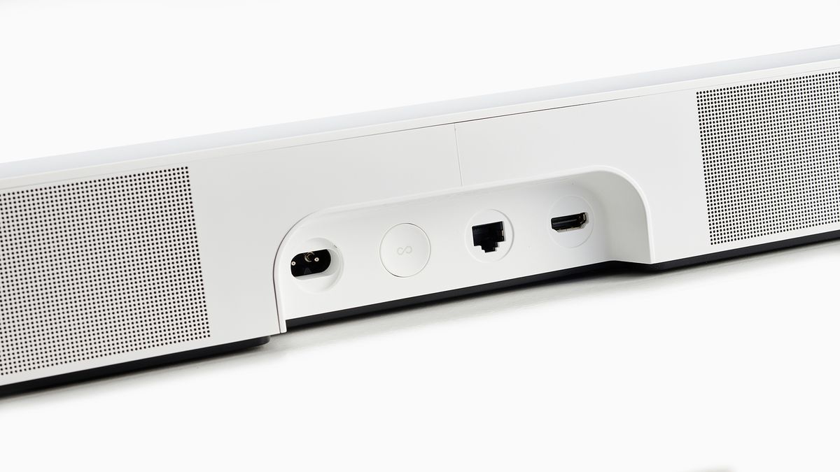 The rear of a white Sonos Beam Gen 2, showing the HDMI, ethernet and power sockets