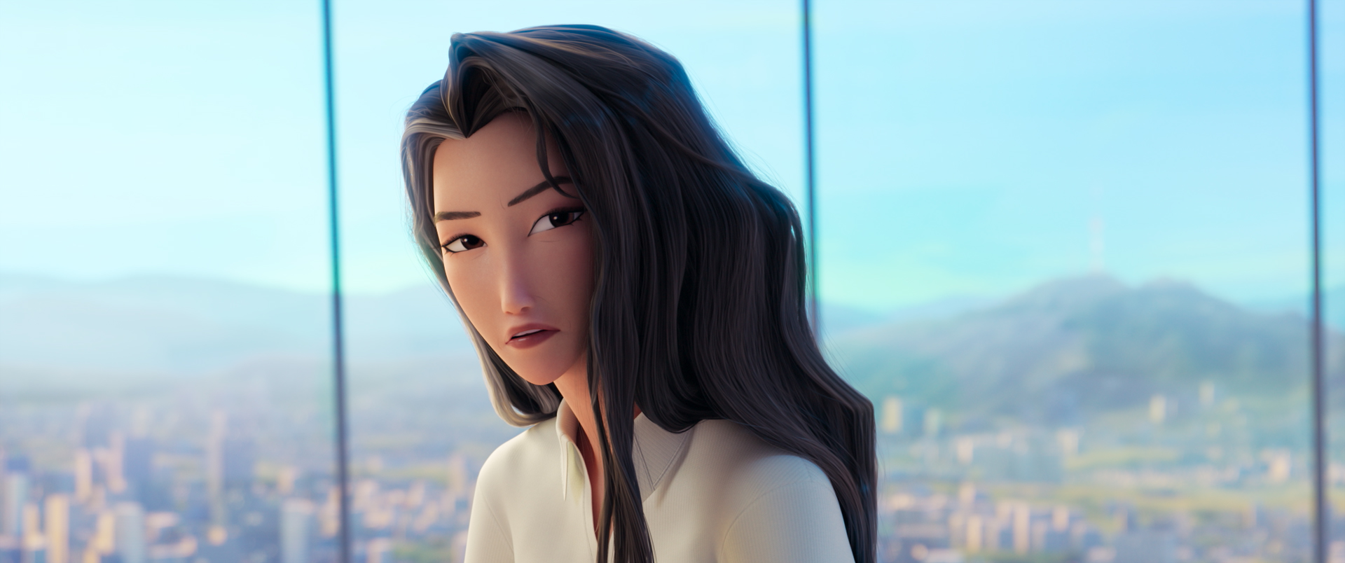 A woman (Celine) stands in front of floor-to-ceiling windows showing the Seoul skyline, from the animated movie 'KPop Demon Hunters.'