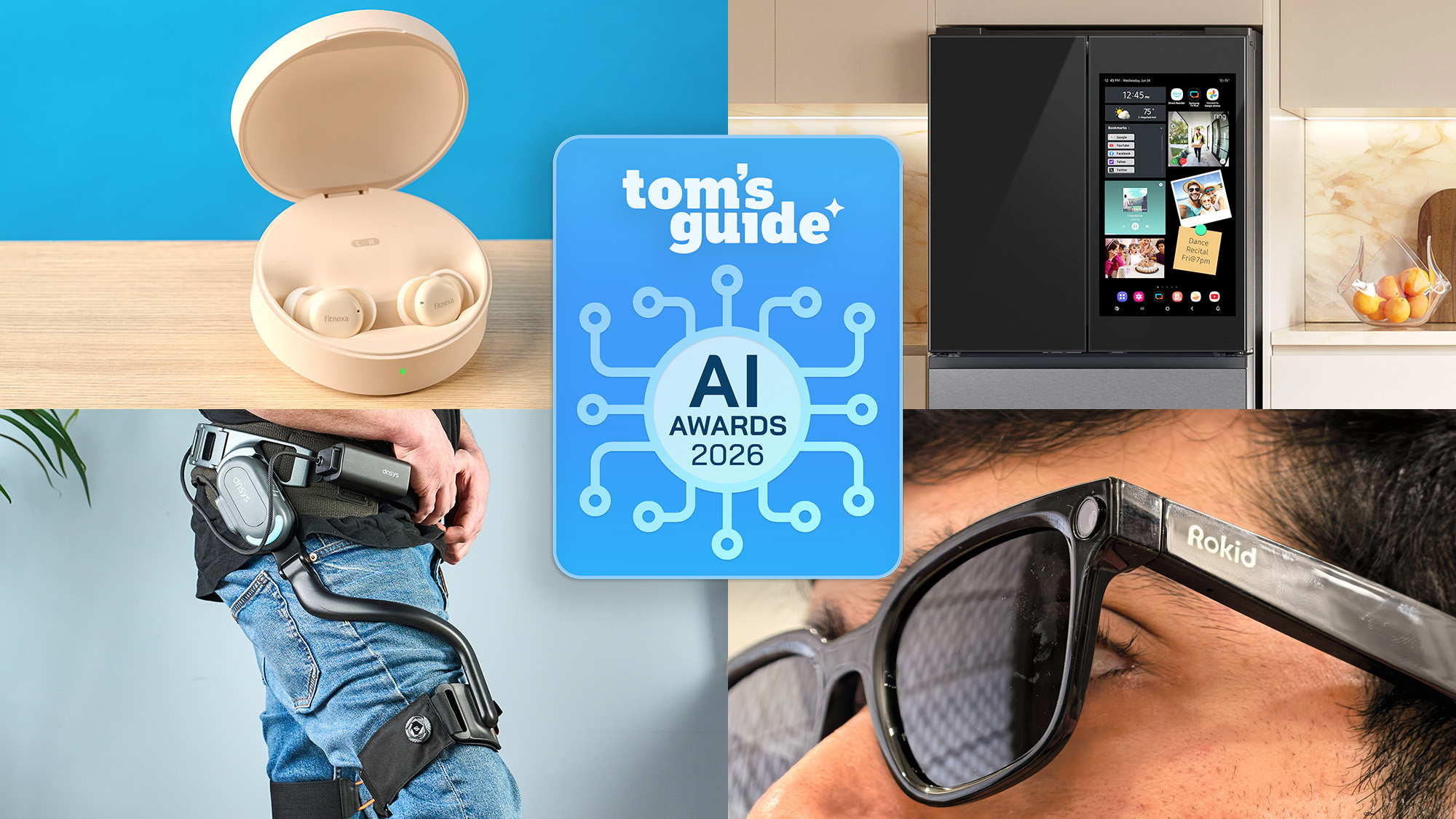 A collage of four images showing off AI gadgets with a Tom's Guide AI Awards 2026 badge in the middle