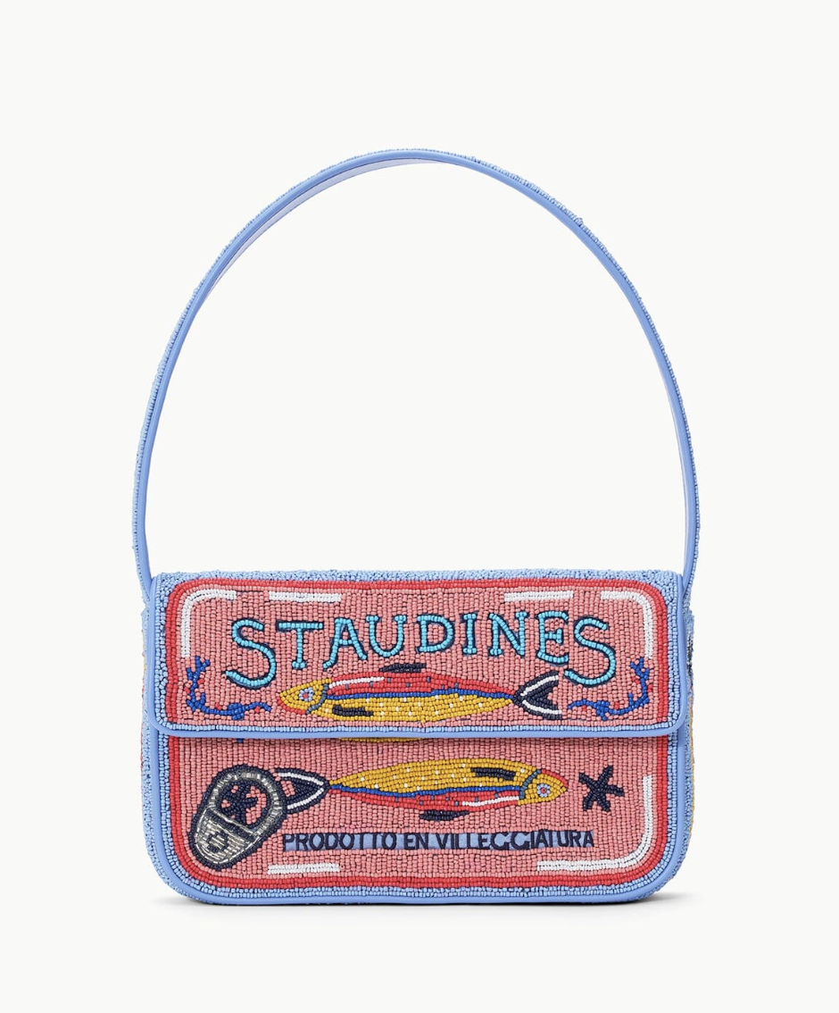 a pink beaded staud tommy bag illustrated like a can of sardines