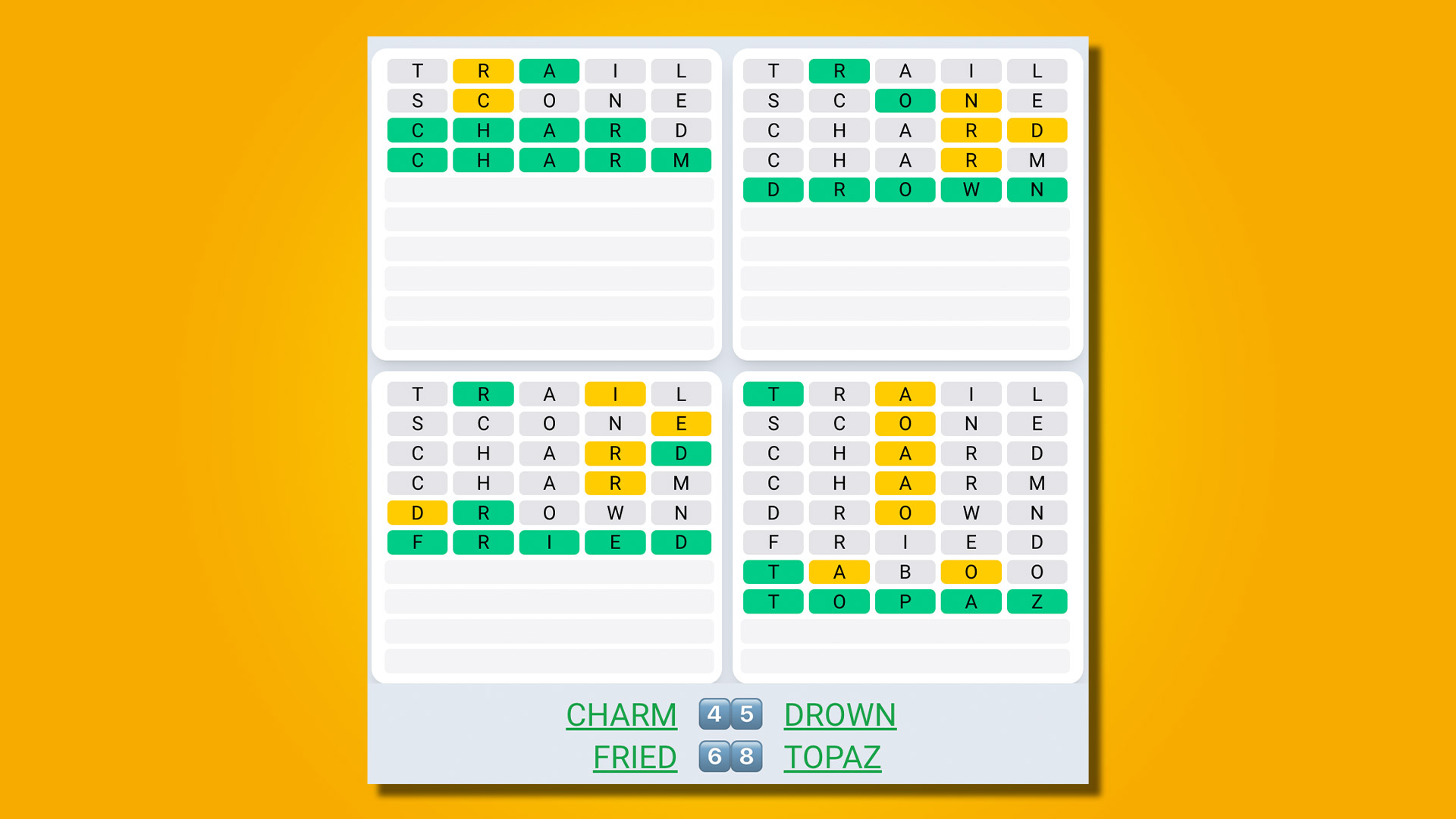 Quordle Daily Sequence answer for game 497 on a yellow background