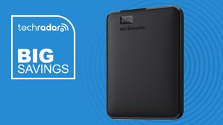 The 6TB WD Elements HDD on a blue background next to a white TechRadar badge in the upper left that reads 'Big Savings' 