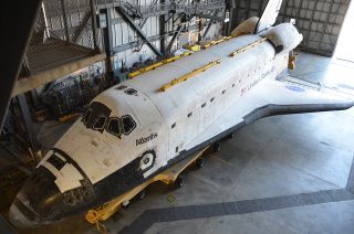 Space shuttle Atlantis, as seen inside NASA's Vehicle Assembly Building for the final time, Nov. 1, 2012. See collectSPACE.com for more photos.