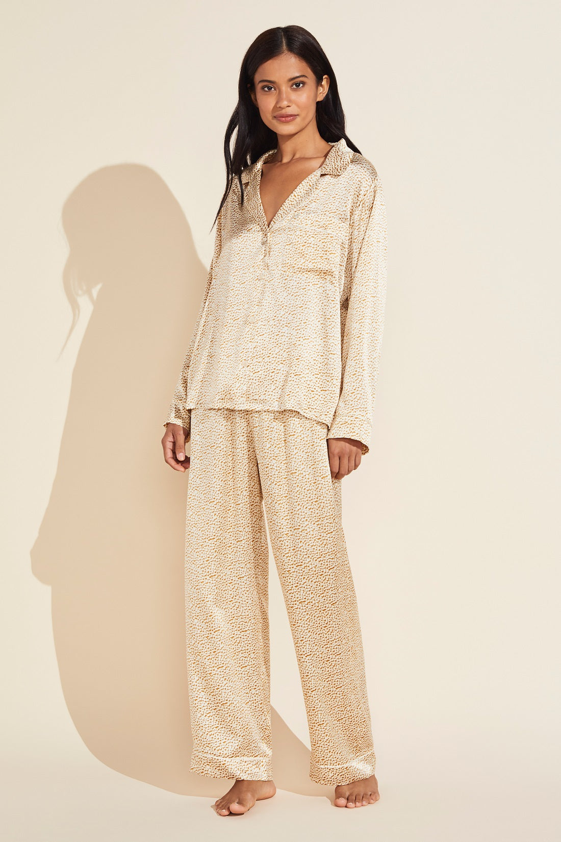 Inez Washable Silk Printed Long PJ Set - Mink Puff/Bone