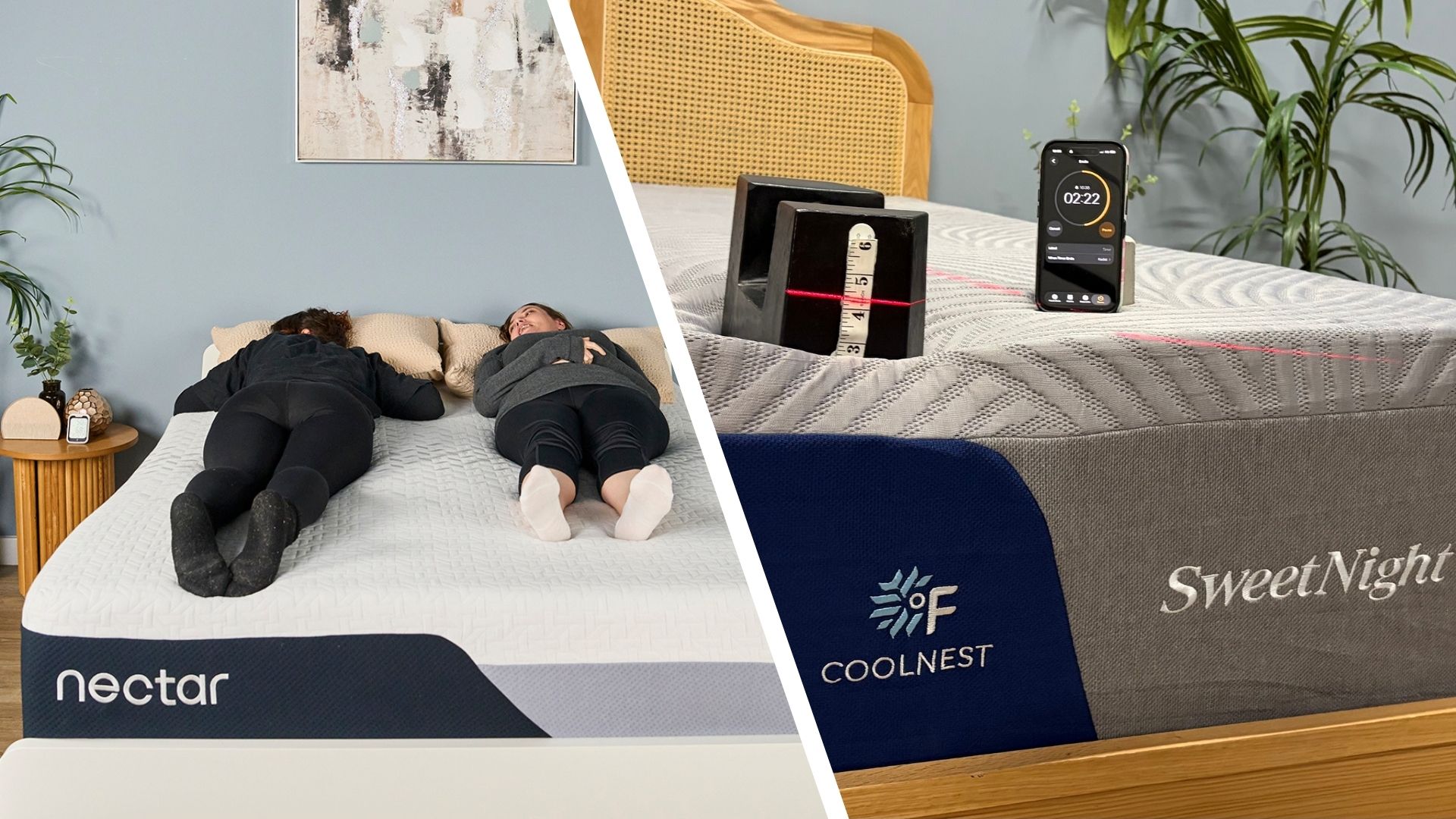 A split screen of the Nectar Premier and the SweetNight CoolNest mattresses being lab-tested. 