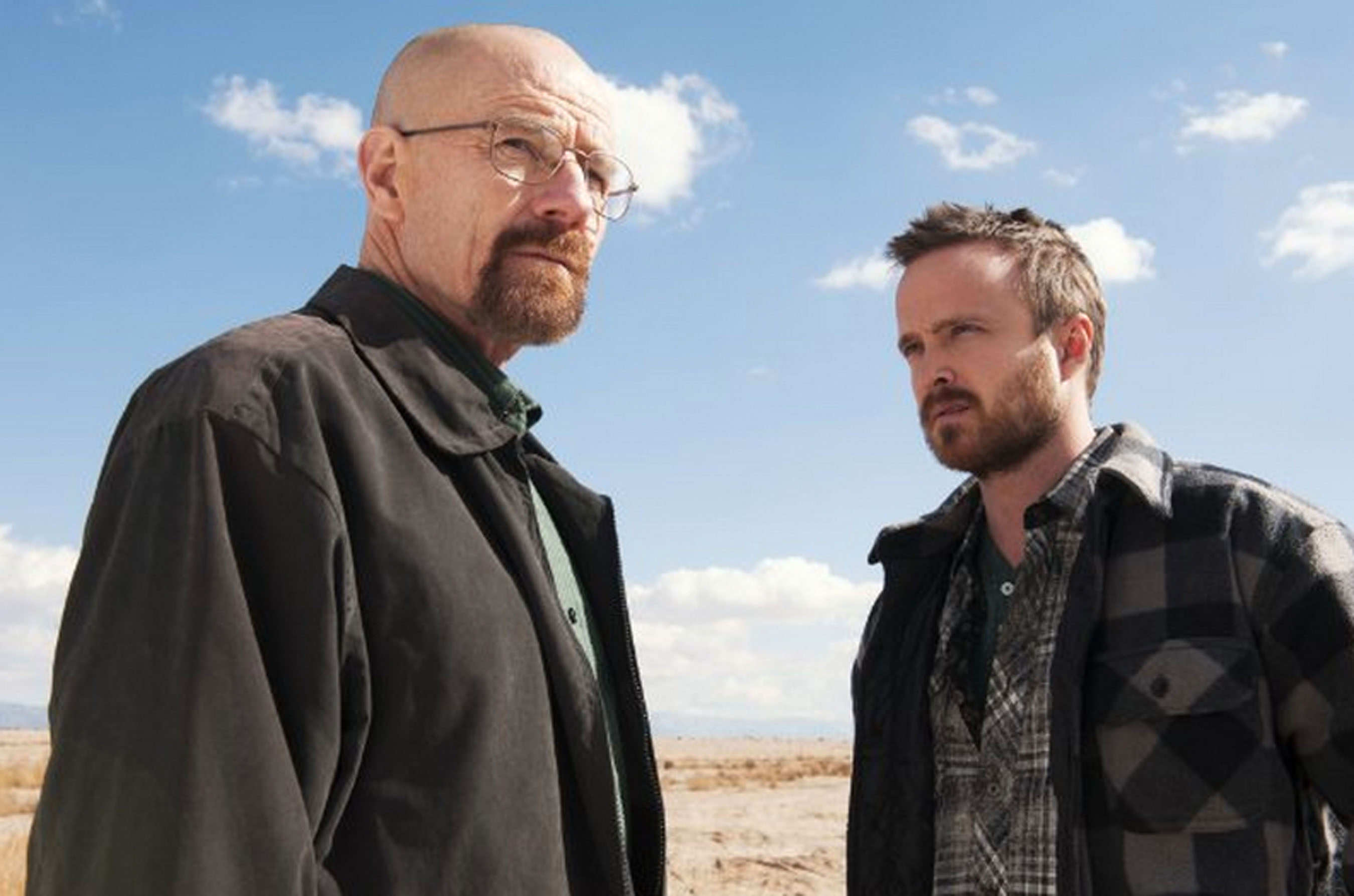 walter white and jesse stand in the middle of the desert in breaking bad