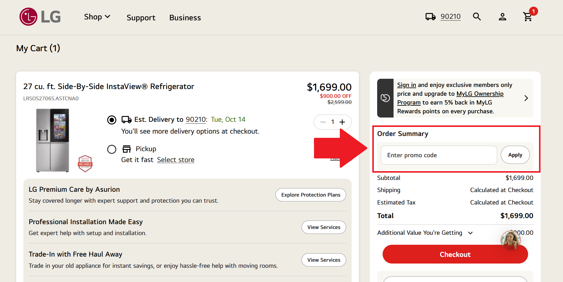 A screenshot of the LG checkout page showing where to enter your LG promo code