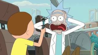 Morty points a device at a screaming Rick