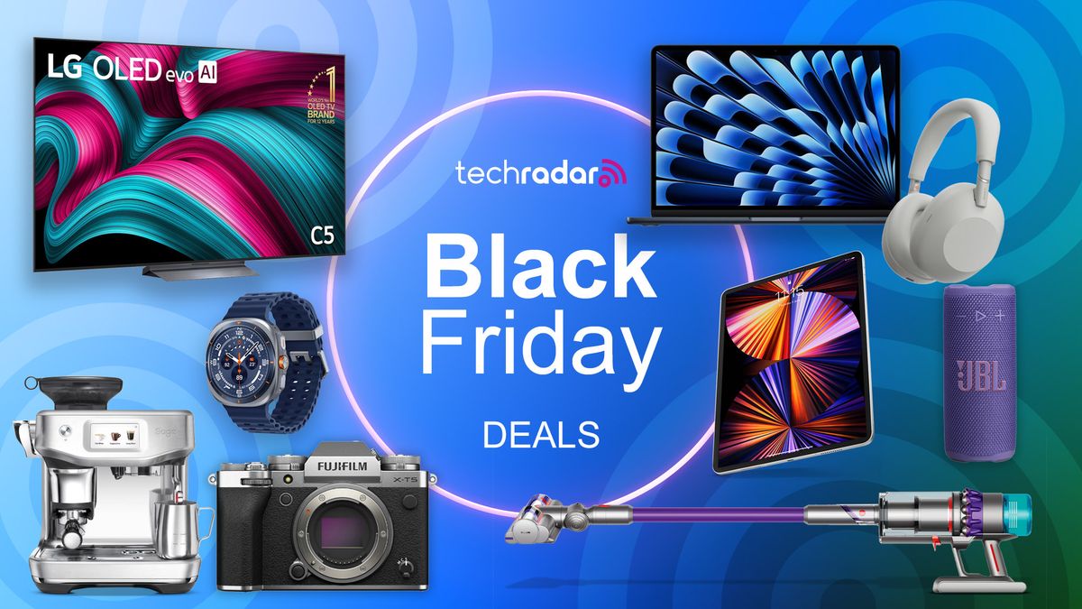 Assortment of tech and appliances on a coloured background with "Black Friday" text.