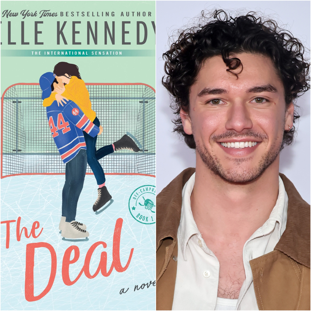 A split image of the book 'The Deal' by Elle Kennedy, and the actor Belmont Cameli, star of the TV adaptation titled 'Off Campus.'