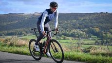 Cervelo Caledonia-5 being ridden up a small lane in the Peak District by a male rider