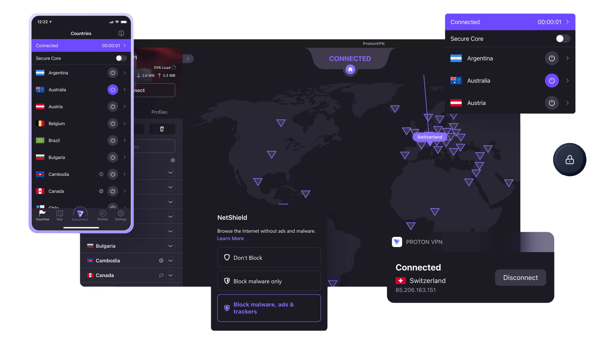 Proton VPN apps running on Windows, Mac, iPhone and Android devices.