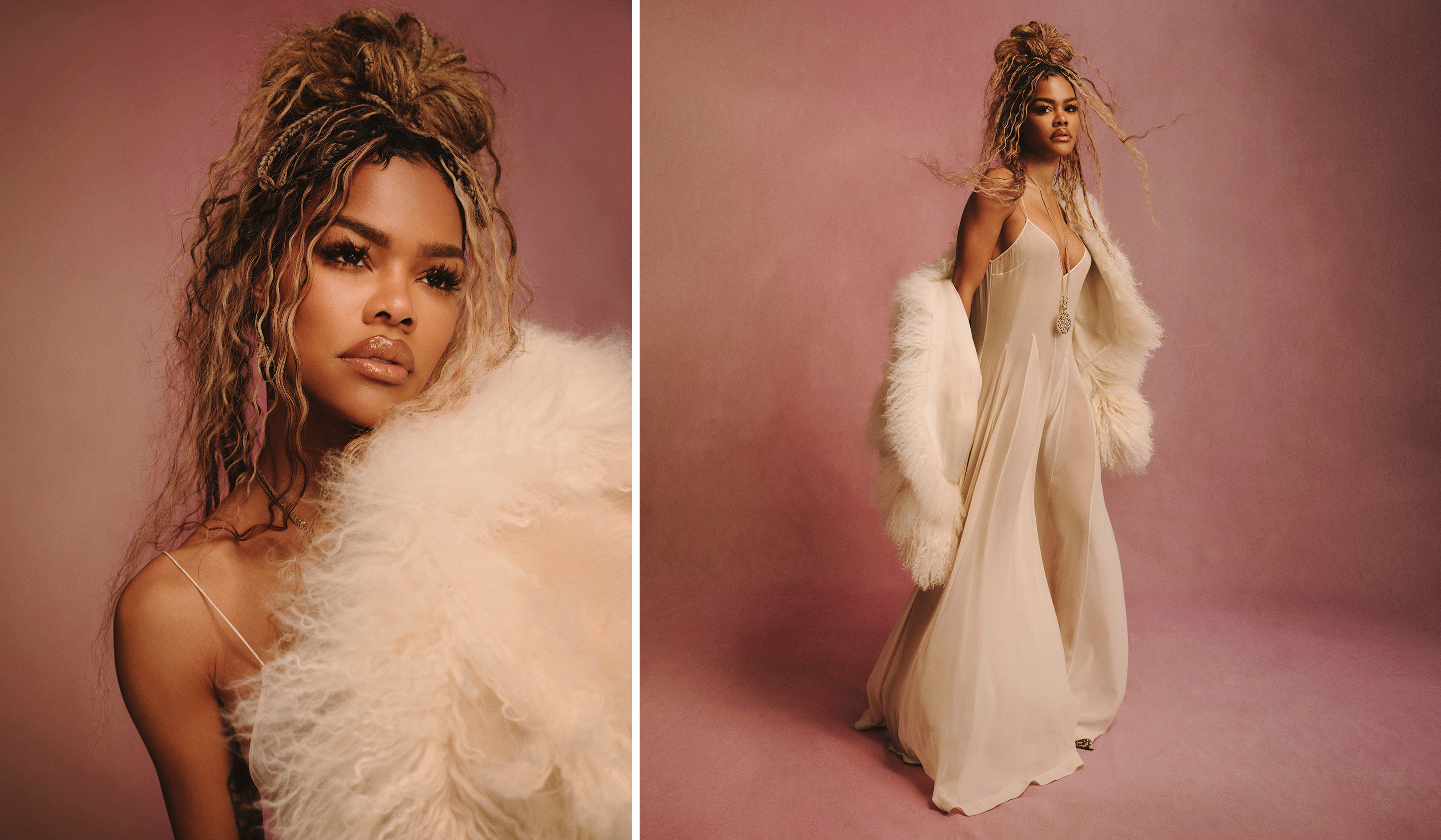 Teyana Taylor wearing a sheer, low-cut dress and a matching fur jacket