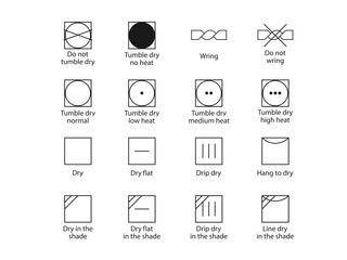 16 black square drying symbols on a white background for tumble and air-drying.