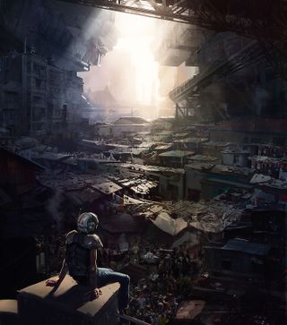 A person sitting in a landscape of industrial wreckage