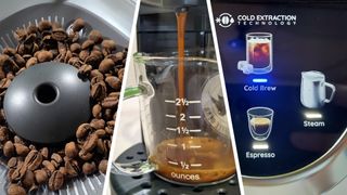 Split image of coffee beans in hopper, coffee maker dispensing espresso, and control panel on espresso machine showing options for cold brew, espresso, and steam