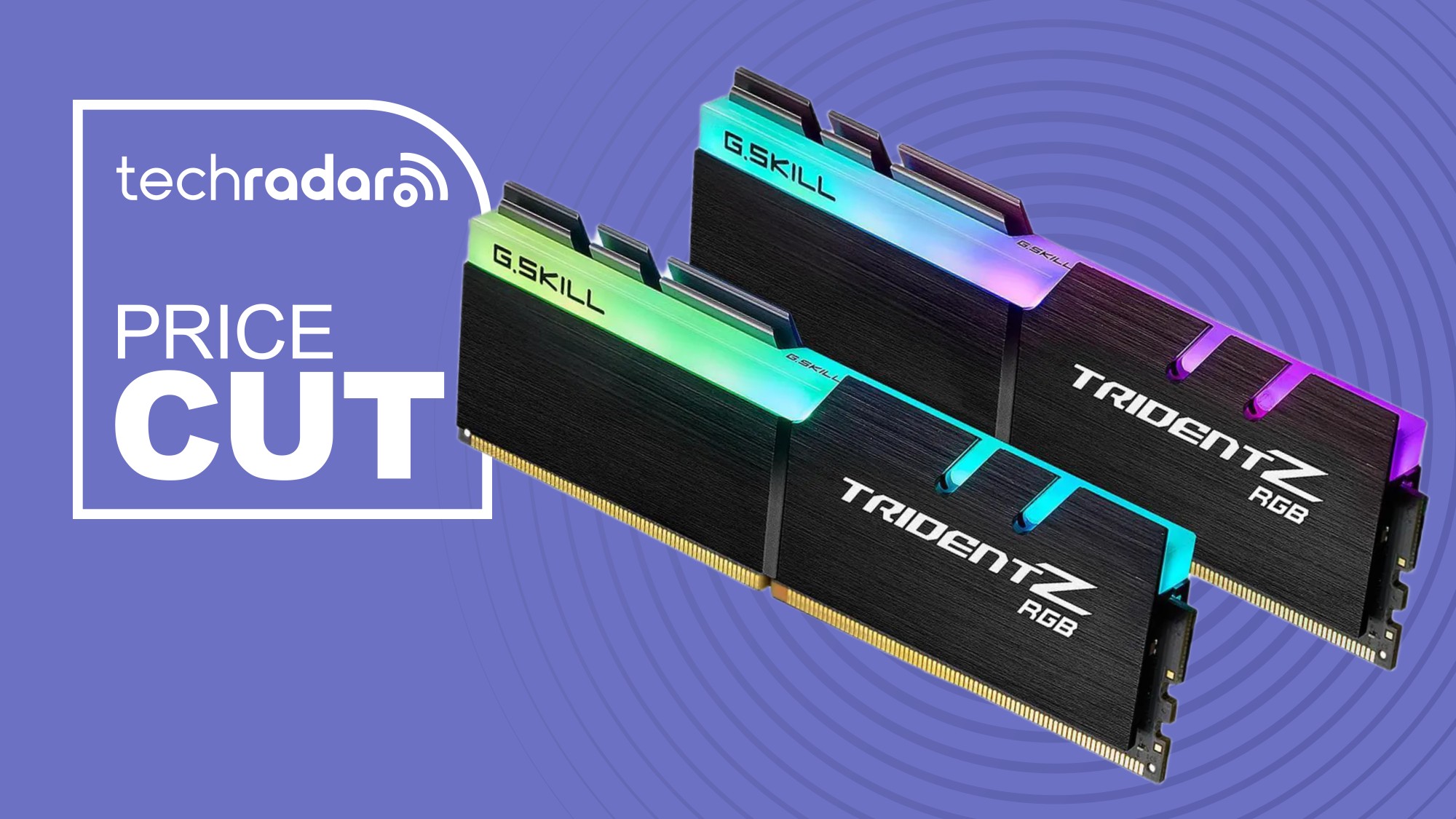 Two 16GB G.SKILL TridentZ RGB RAM modules on a purple background next to a white TechRadar badge in the upper left that reads 'Price Cut'