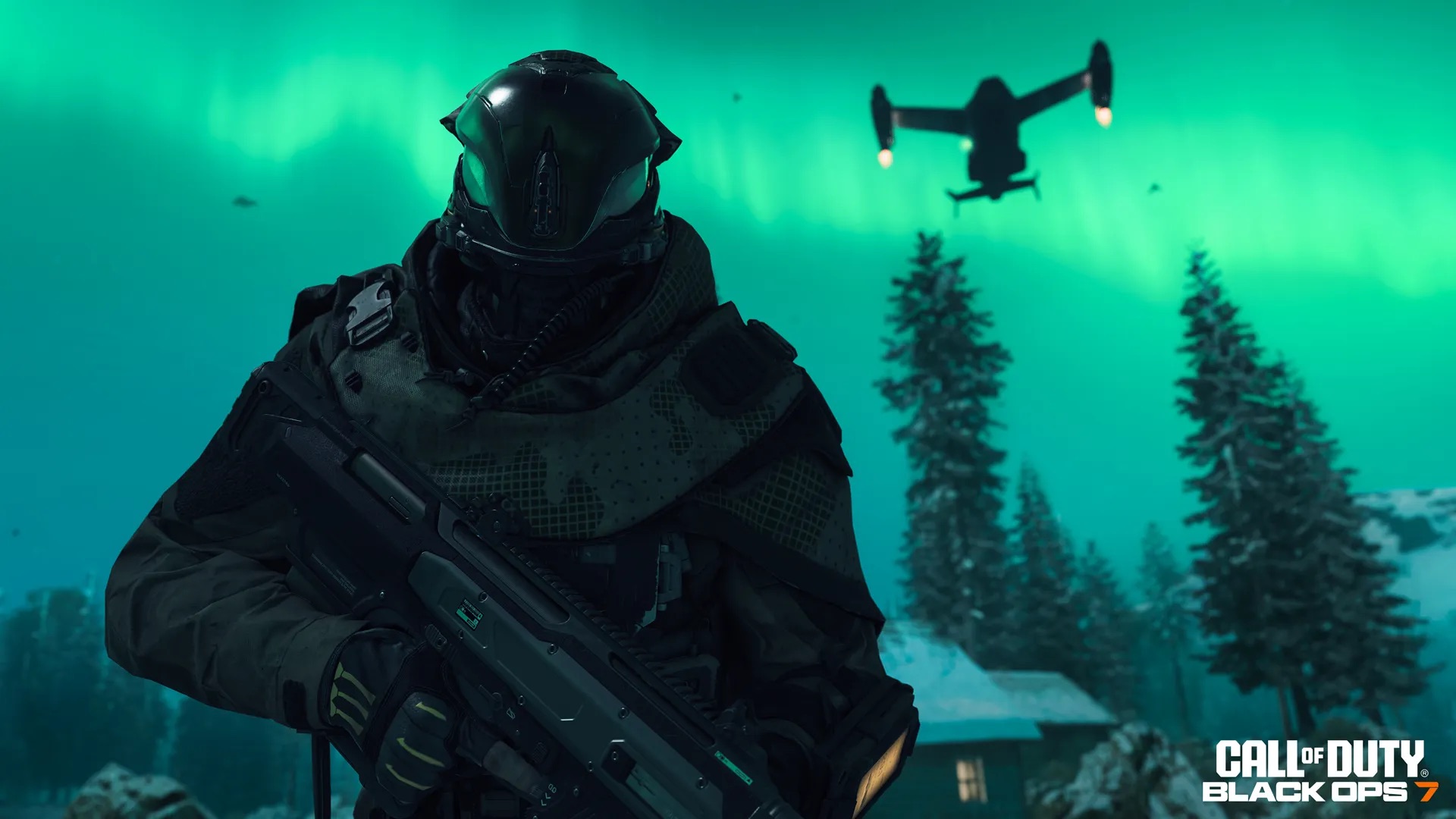 A soldier in a futuristic helmet walks against a backdrop of an aurora-filled green sky