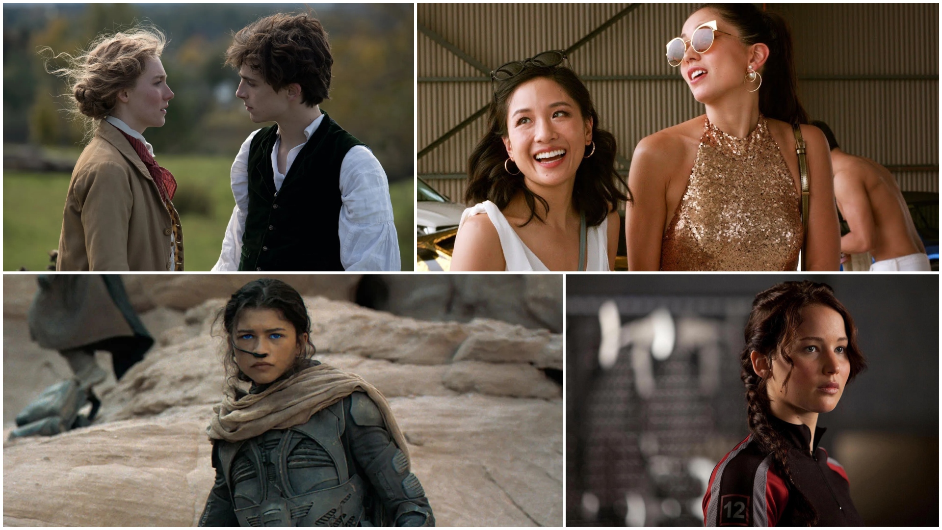 a collage of movie stills of the best book to movie adaptations including little women crazy rich asians dune and the hunger games