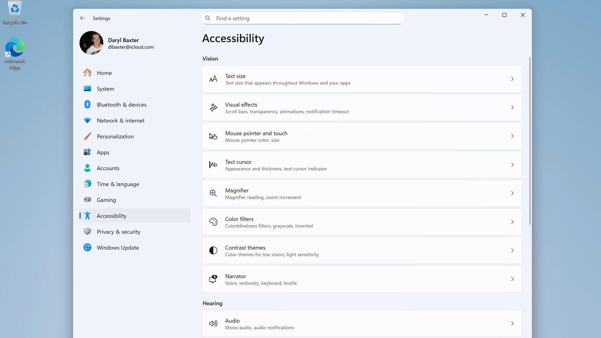 Screenshot showing Windows 11's Accessibility menu