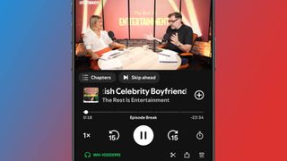 A screenshot of a podcast playback screen in Spotify showing the new Skip Ahead button
