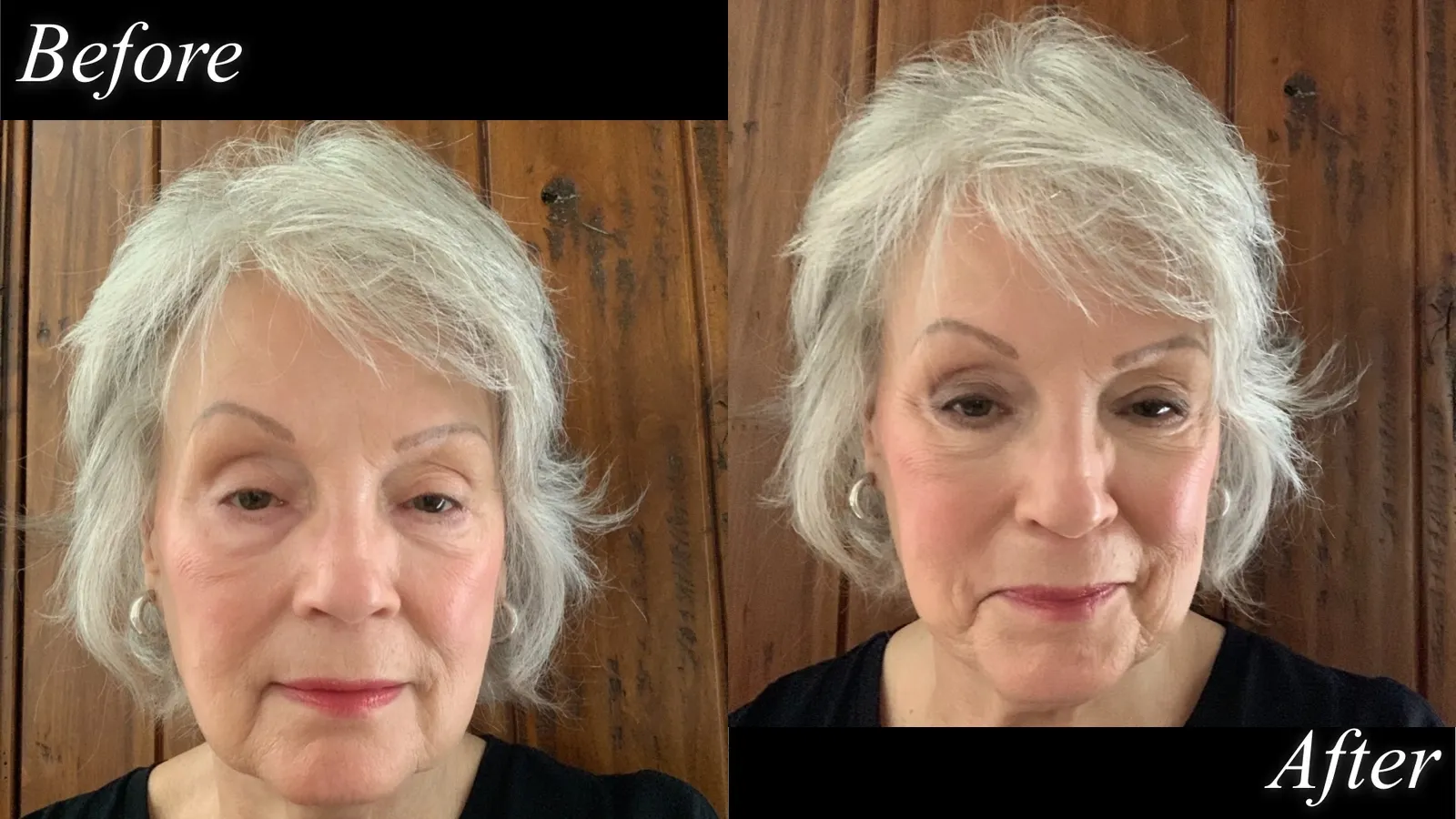 A woman with gray hair and a black shirt before and after makeup.