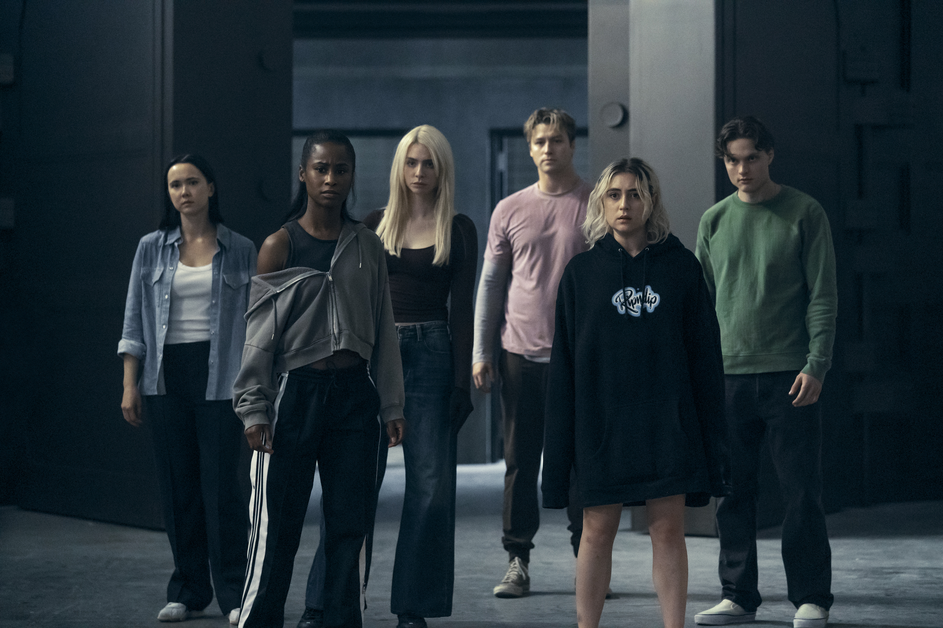 l-r: London Thor as Jordan Li, Keeya King as Annabeth Moreau, Maddie Phillips as Cate Dunlap, Stephen Kalyn as Greg, Lizze Broadway as Emma Meyer, Asa Germann as Sam in the 'Gen V' season 2 finale.