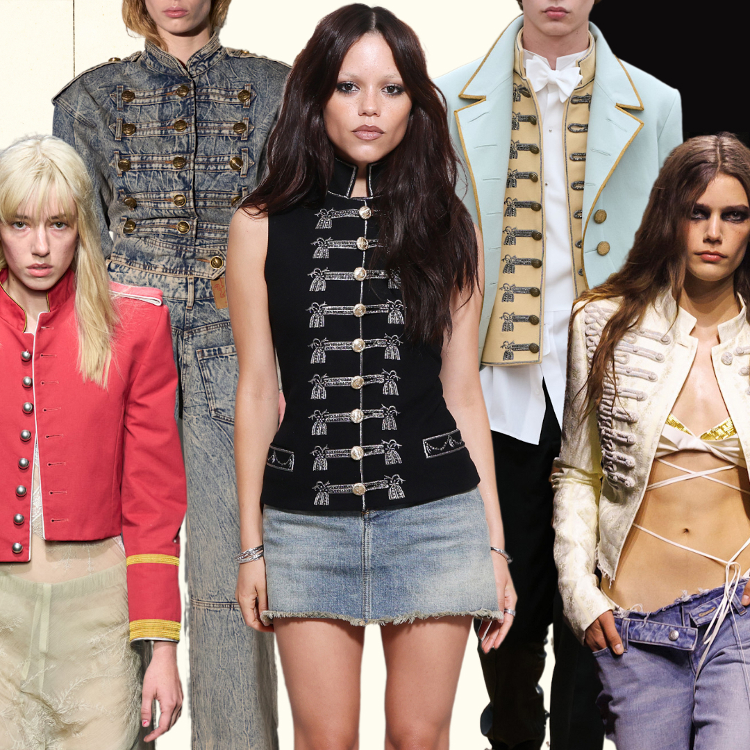 a collage of women&#039;s military jackets, including a Hussar soldier, Jenna Ortega, model for Balmain Spring 2009, and models for Ann Demeulemeester, Dior Men&#039;s, Vaquera, and McQueen Spring 2026