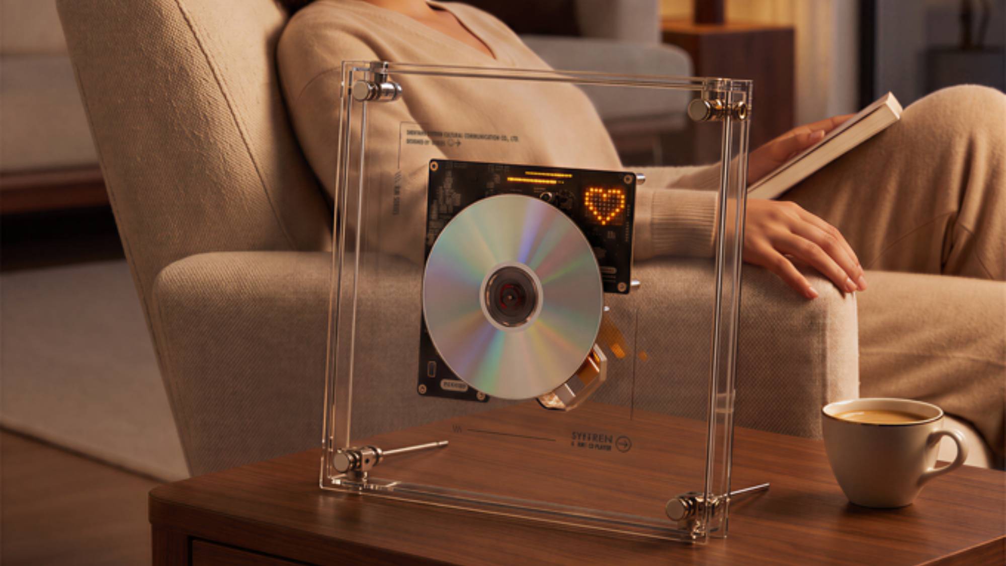 The Syitren RM1 CD player on a coffee table 