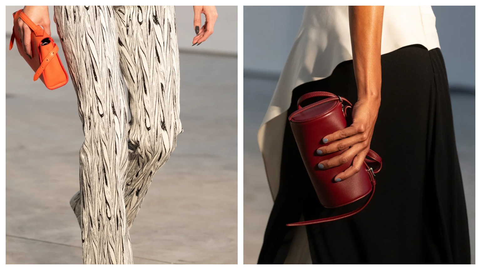 two women wearing black and white clothes and grey nail polish