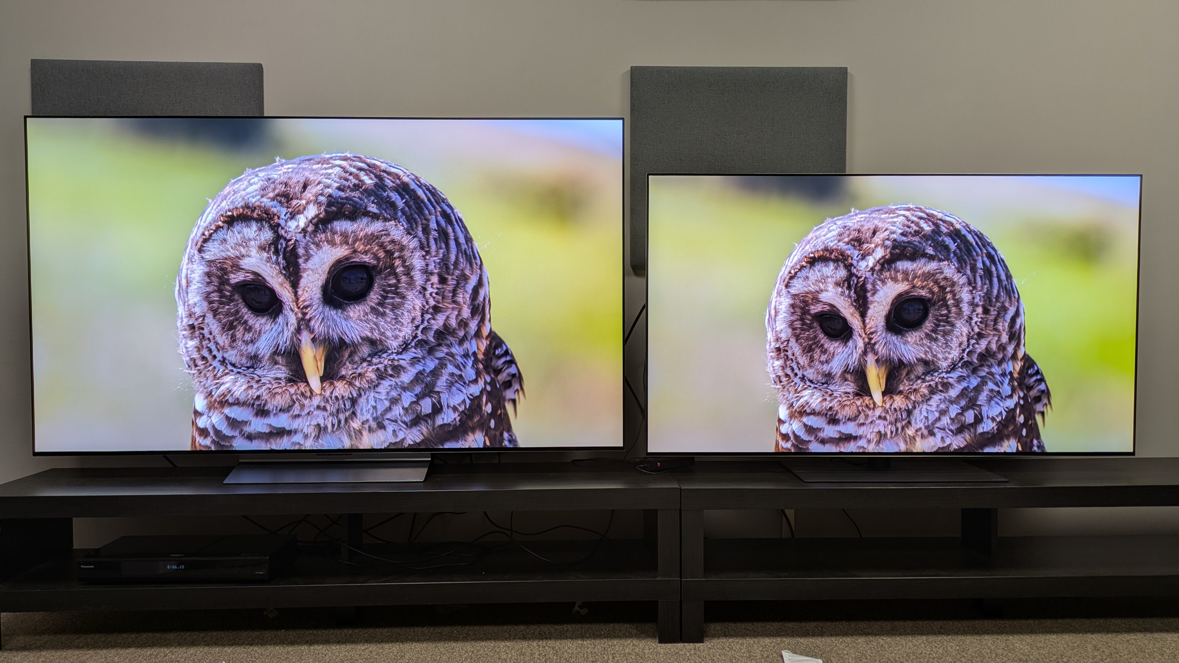 LG C6 (v&auml;nster) och LG G5 (h&ouml;ger) med en bild av en uggla p&aring; sk&auml;rmen.