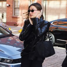 Hailey Bieber wearing a black outfit in NYC