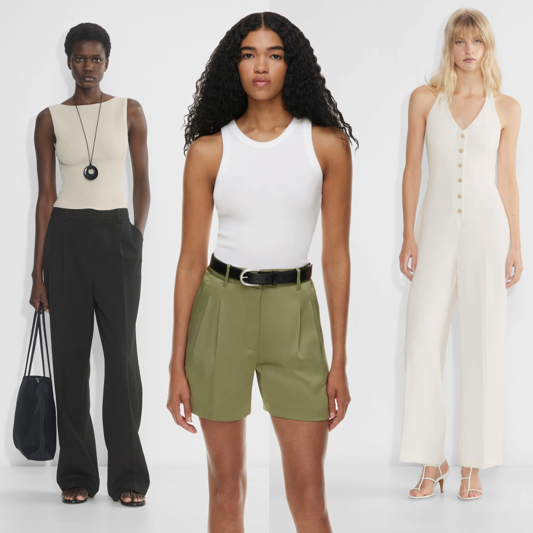Collage of models wearing aritzia Babaton Sculpt Knit Leading Top, The Effortless Short™ Satin, Wilfred Cruiselinen™ Upscale Jumpsuit on light grey background