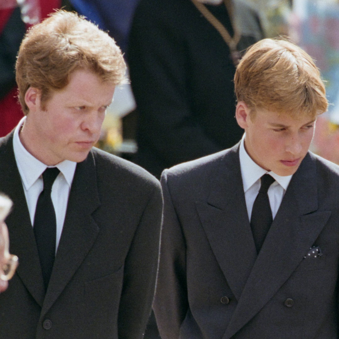 Princess Diana&#039;s brother, Charles Spencer, 9th Earl Spencer, and her sons, Prince William and Prince Harry, at her funeral service at Westminster Abbey on September 6, 1997