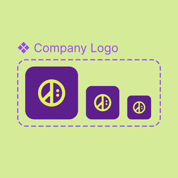 A view of purple and lime green World Peas standardized company logo sizes in a component library.