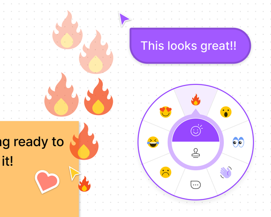 Un cursor utiliza el círculo de reacciones para enviar un emoticono de «fuego», mientras otro cursor indica: «This looks great!» (Esto es genial)